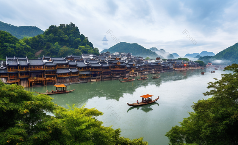 著名景点凤凰古城旅游景点风光秀丽蓝天白云水边建筑摄影风光摄影,高清,摄影图,摄影图片,图片大全,摄影图免费下载